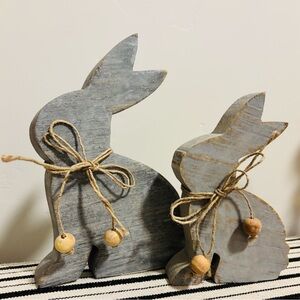 Bunny Hop Pair of Grey Wooden Sitting Bunnies with Natural Beads